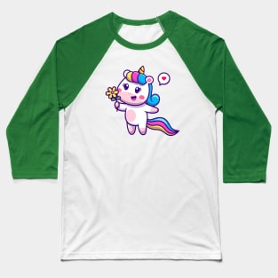 Cute Unicorn Holding Flower Cartoon Baseball T-Shirt